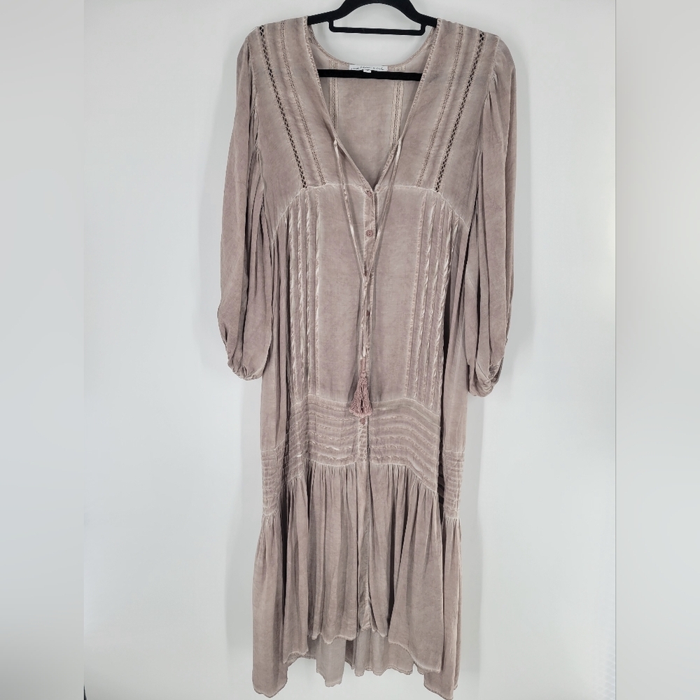 Young Fabulous & Broke Boho Midi Dress Taupe Mauve Long Sleeve V-Neck Size S